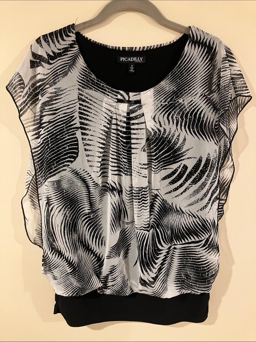 Black and White Sheer Abstract Overlay Blouse with Built in Tank